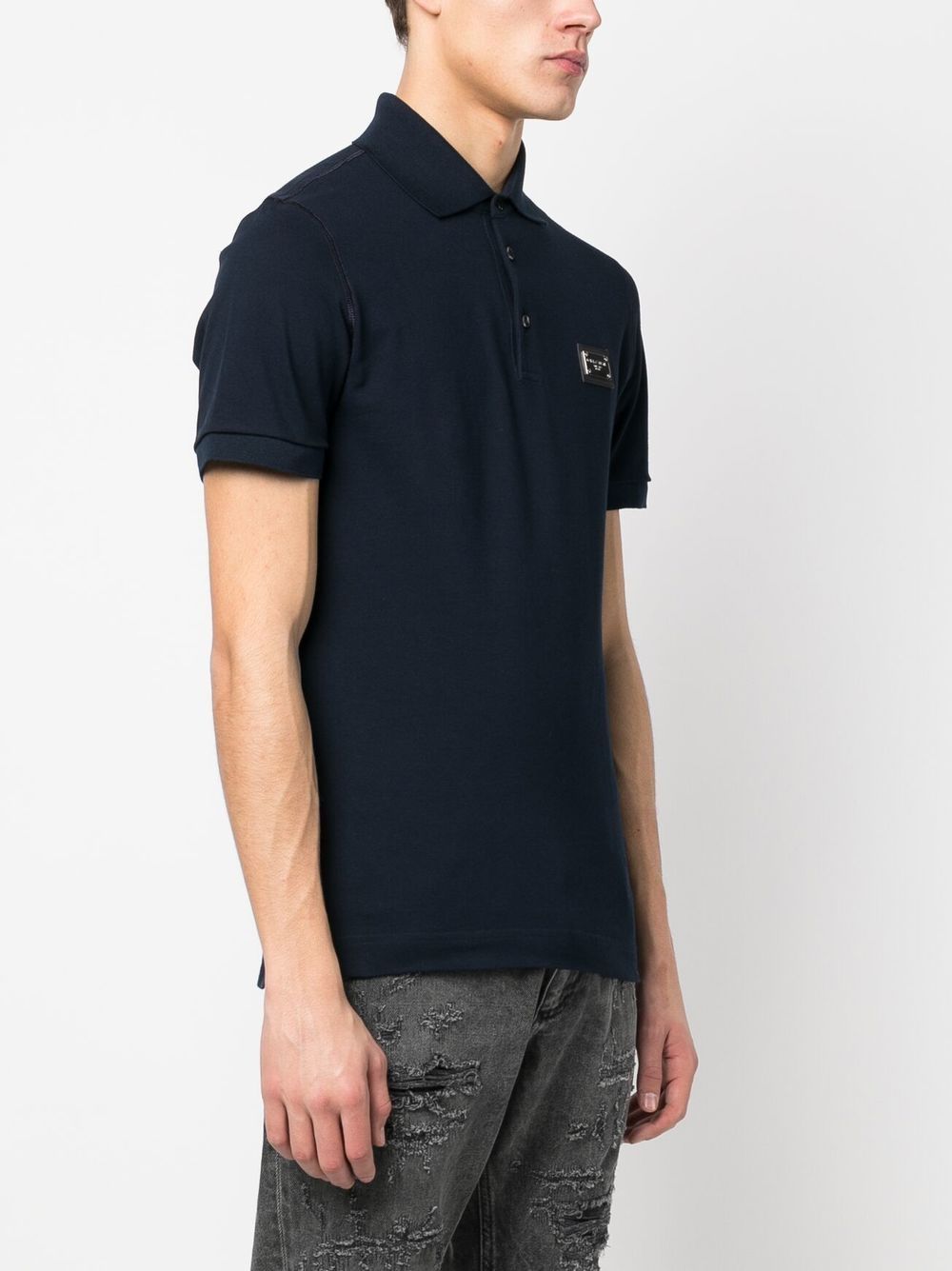 DOLCE & GABBANA Elegant Navy Polo with Silver-Tone Detailing