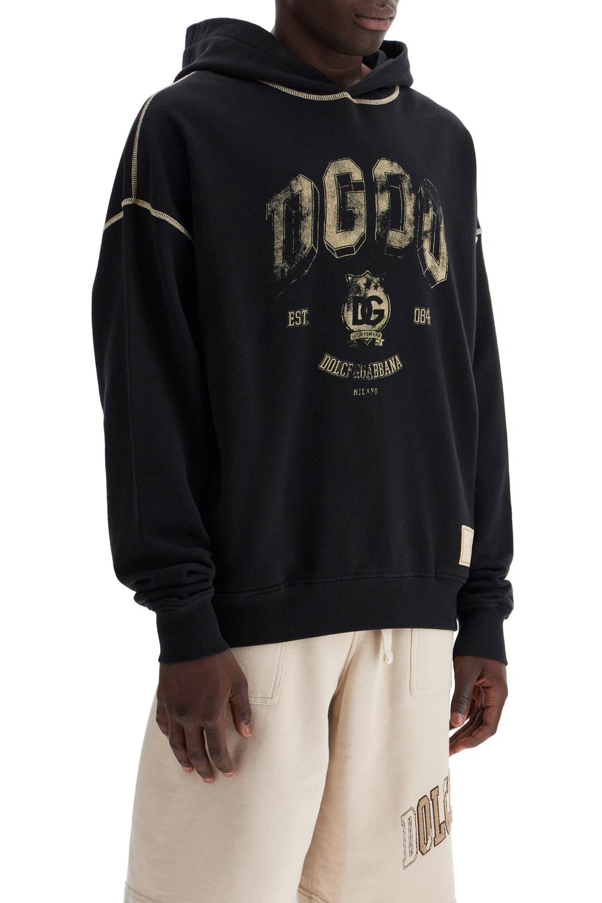 DOLCE & GABBANA Oversized Logo Print Hoodie with Distressed Details