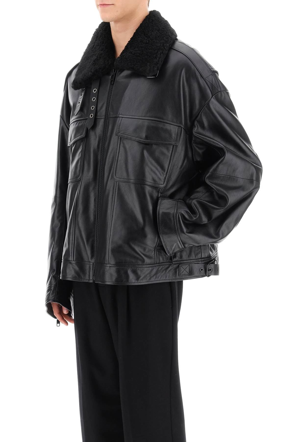 DOLCE & GABBANA Luxurious Leather and Fur Biker Jacket for Men