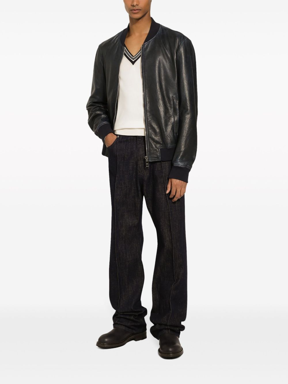 Midnight Blue Men's Nappa Leather Bomber Jacket