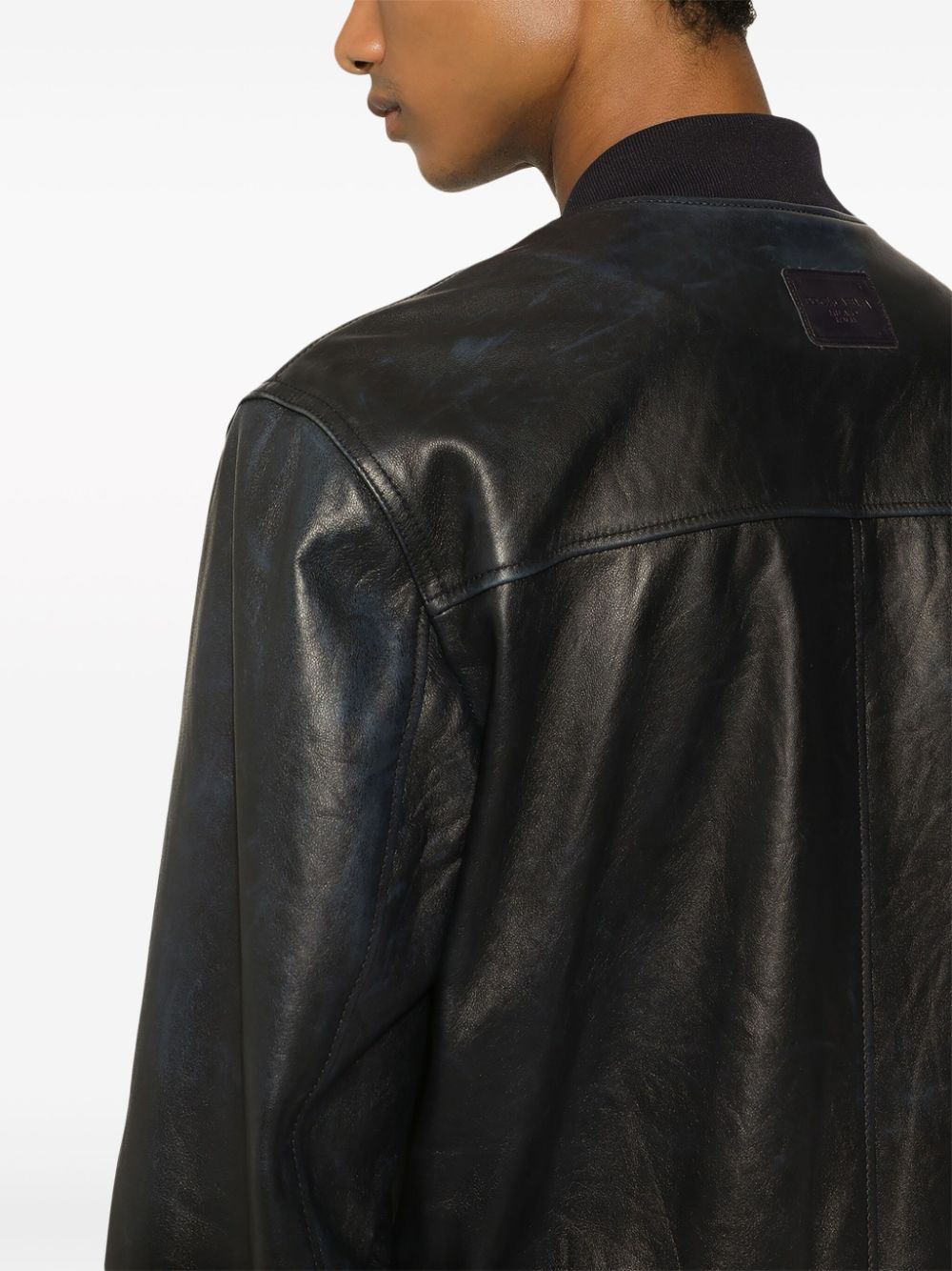 Midnight Blue Nappa Zip-Up Leather Bomber Jacket for Men