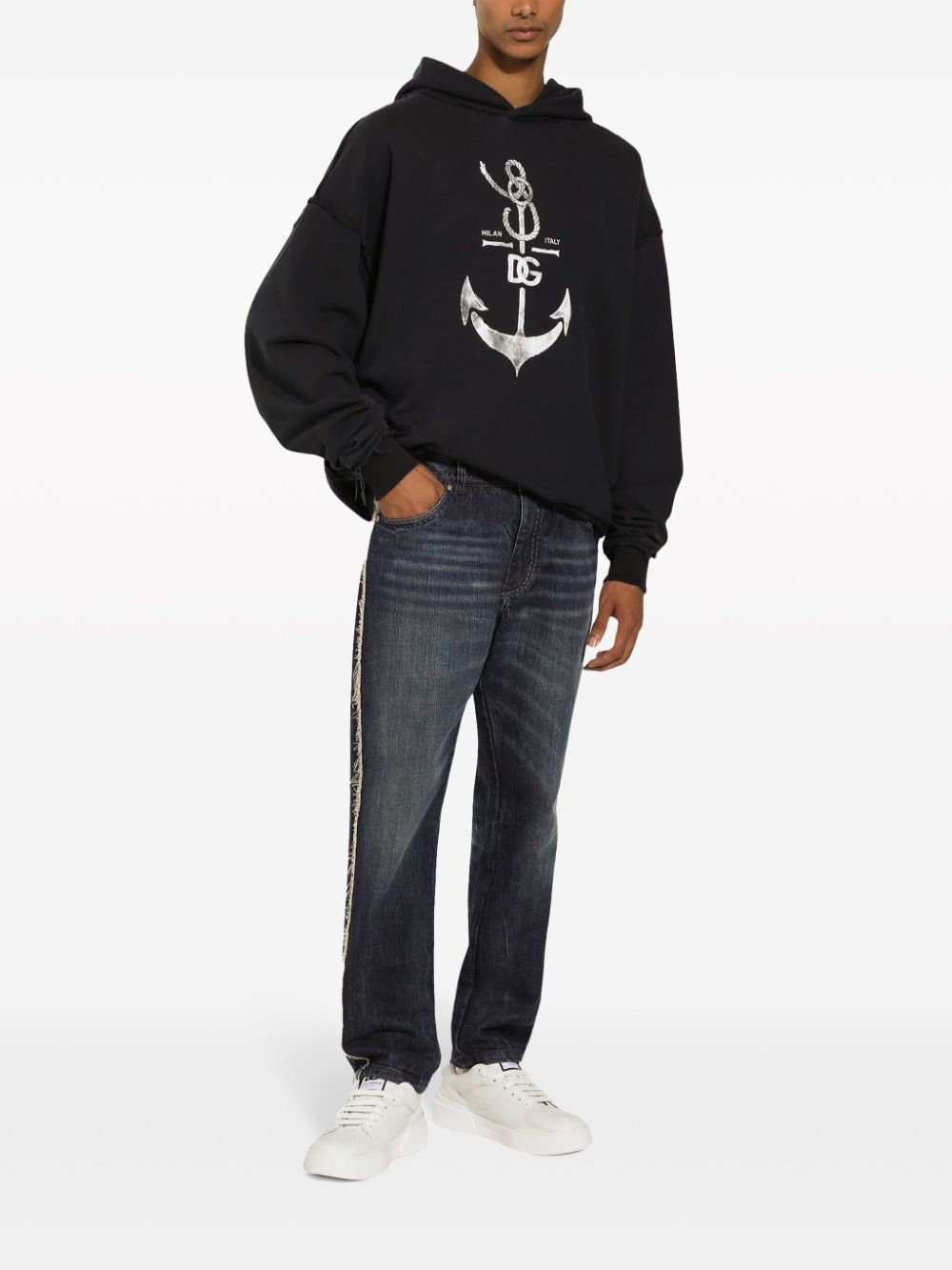 DOLCE & GABBANA Men's Navy Blue Logo-Print Cotton Hoodie