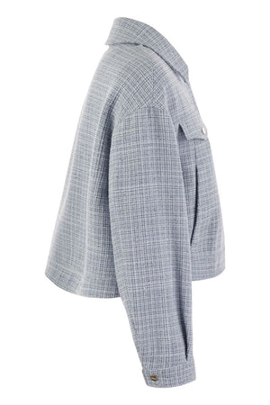 Áo khoác nữ vải canvas cotton thêu hạt lấp lánh màu xanh nhạt