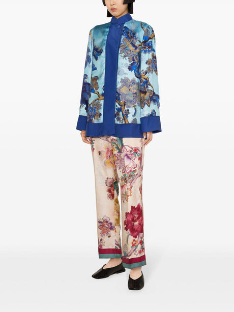Blue and Orange Floral Print Silk Jacket for Women