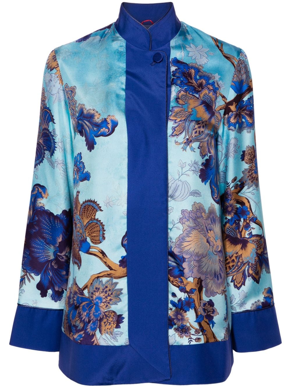 Blue and Orange Floral Print Silk Jacket for Women