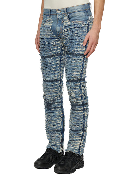 藍色100％純棉男士褲款，6個口袋和前裂口設計，適合FW23季節