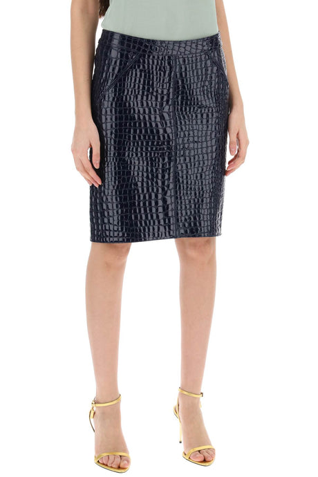 TOM FORD Blue Crocodile-Effect Goat Leather Skirt for Women - Knee-Length, Glossy Finish, French Front Pockets