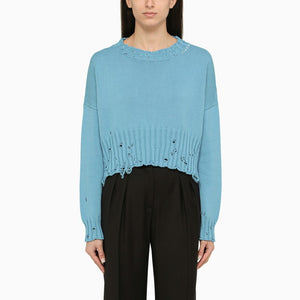 MARNI Light Blue Cotton Crew-Neck Sweater with Hand-Stitched Collar and Worn Effect Details