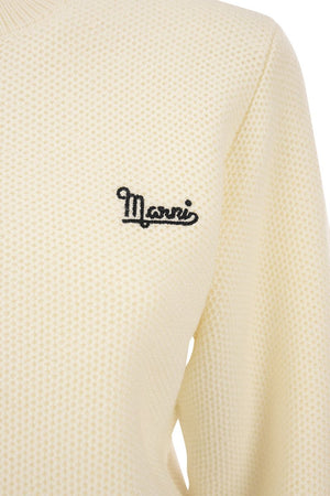 MARNI Women's White Wool Sweater with Balloon Sleeves and Embroidered Logo