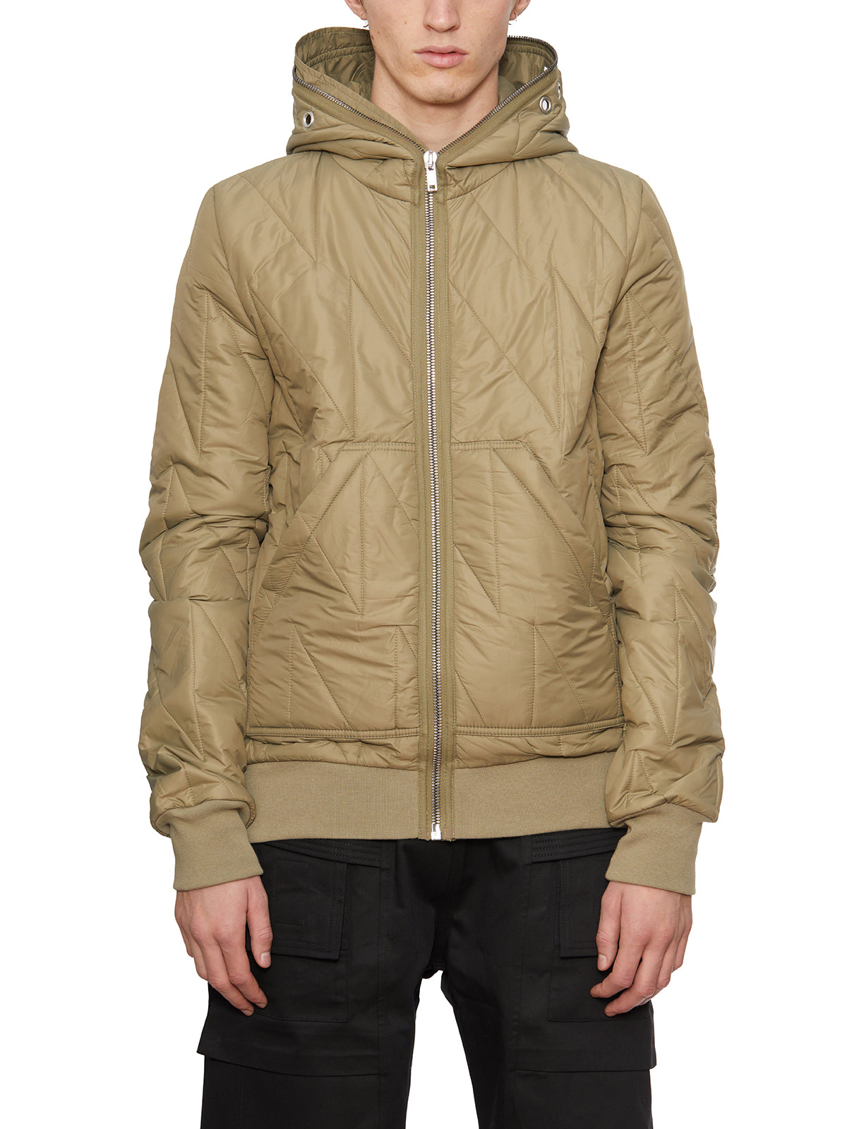 Green Bomber Jacket with Hood and Ribbed Trims for Men