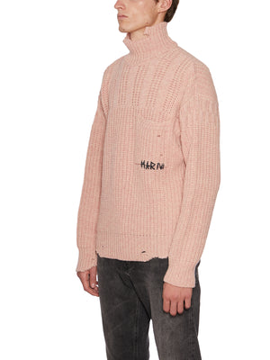 MARNI Soft Men's Wool Pullover with Distressed Details and Hand-Embroidered Writing