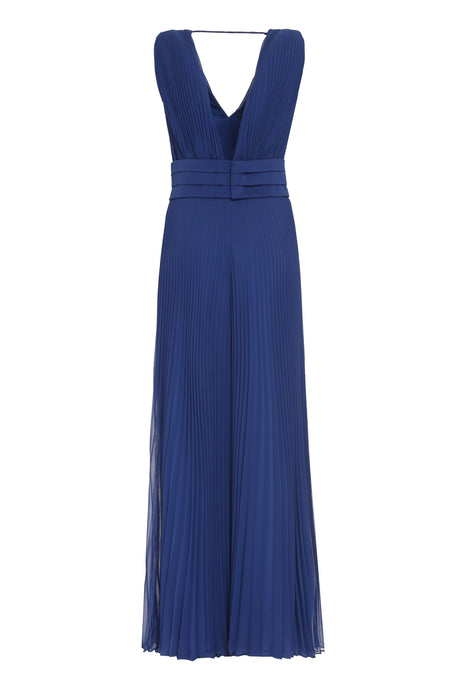 藍色褶皺連身裙配深V領和襯腰帶