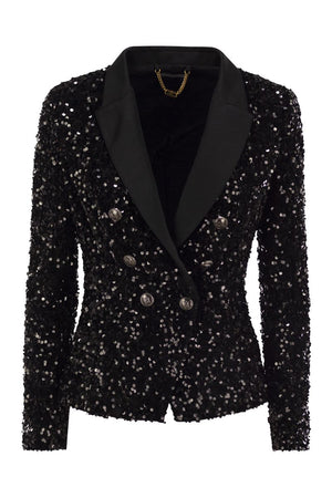 ELISABETTA FRANCHI Double-Breasted Chenille Jacket with Sequin Embroidery