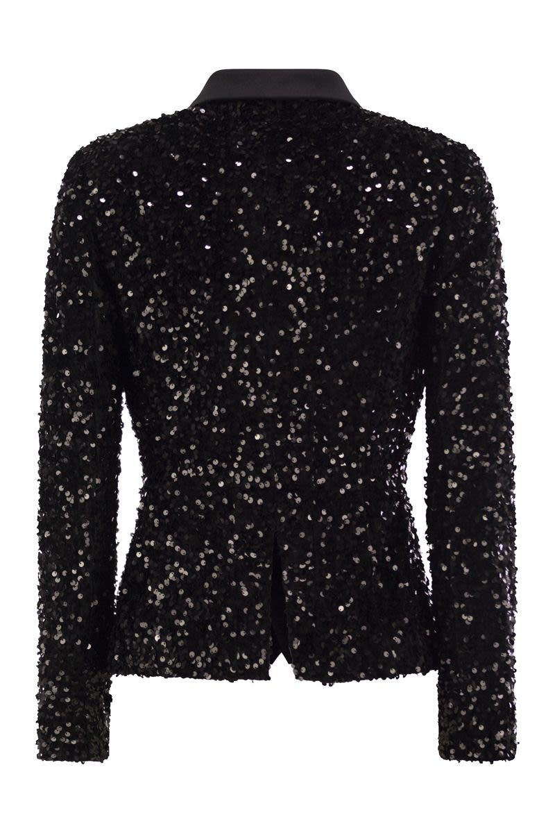 ELISABETTA FRANCHI Double-Breasted Black Sequin Satin Jacket