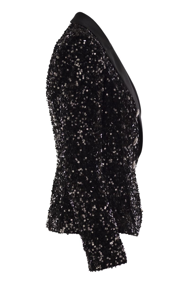 ELISABETTA FRANCHI Double-Breasted Black Sequin Satin Jacket