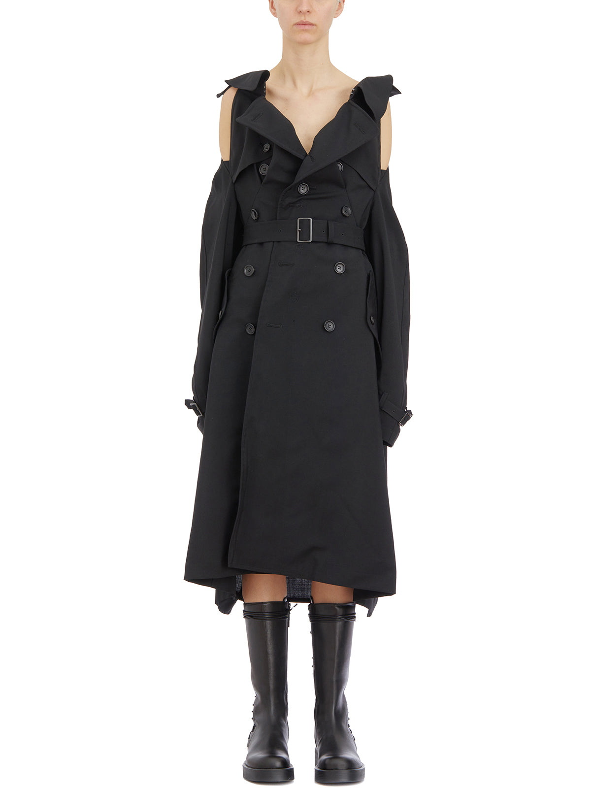 JUNYA WATANABE Women's Black Trench Coat with Detachable Sleeves and Belt