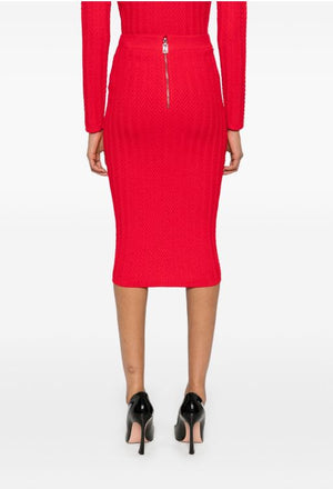 ELISABETTA FRANCHI Crimson Herringbone Midi Skirt with Chain-Link Detail