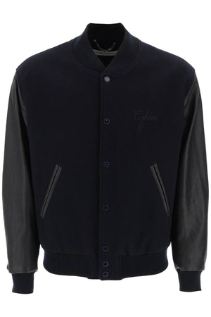 GOLDEN GOOSE Navy Blue Wool Blend Bomber Jacket with Leather Sleeves