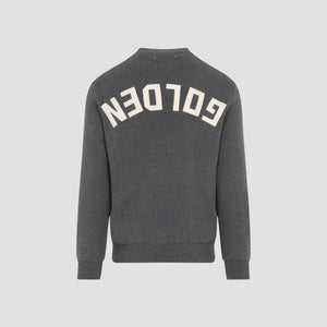 GOLDEN GOOSE Men's Ribbed Blue Cotton Blend Sweater with Logo Detail