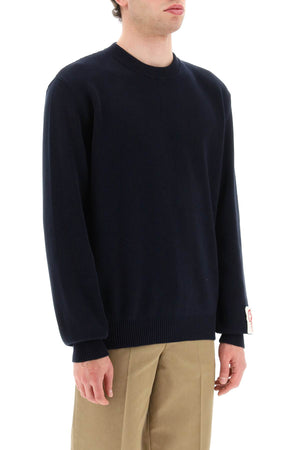 GOLDEN GOOSE Men's Ribbed Blue Cotton Blend Sweater with Logo Detail