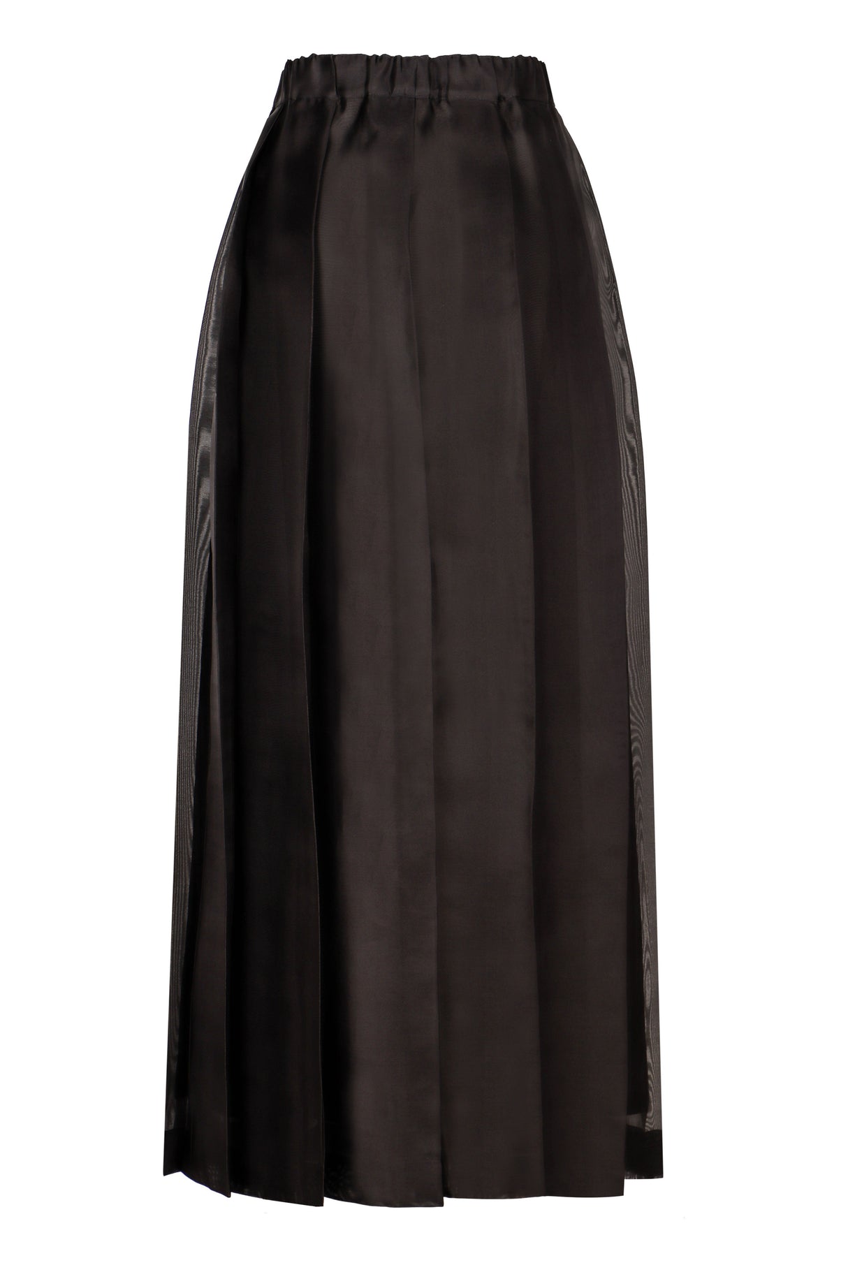 女士黑色真絲中長裙，搭配彈性腰帶和褶皺細節