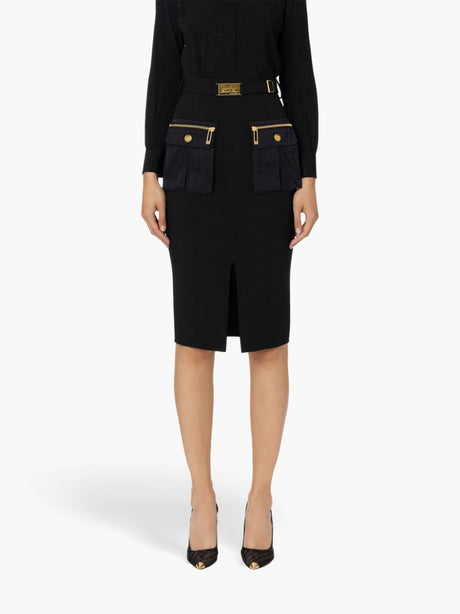 ELISABETTA FRANCHI Chic Black Midi Skirt with Belt and Pockets