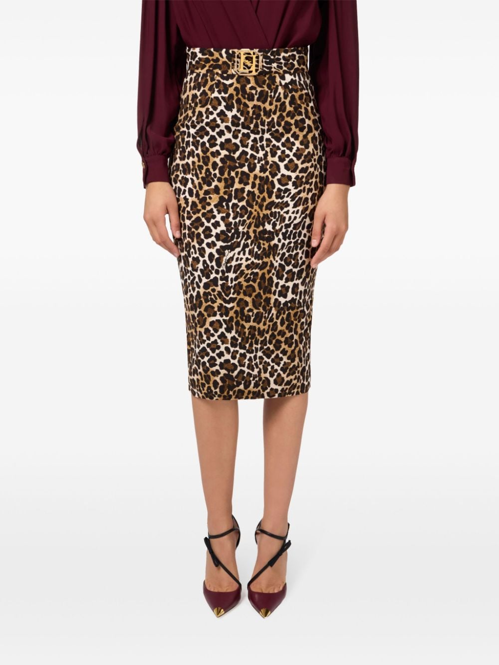 ELISABETTA FRANCHI Animal Print Belted Waist Skirt - Mid Length