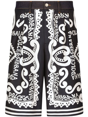 DOLCE & GABBANA Abstract Print Denim Shorts with Pleat Detailing - Knee Length