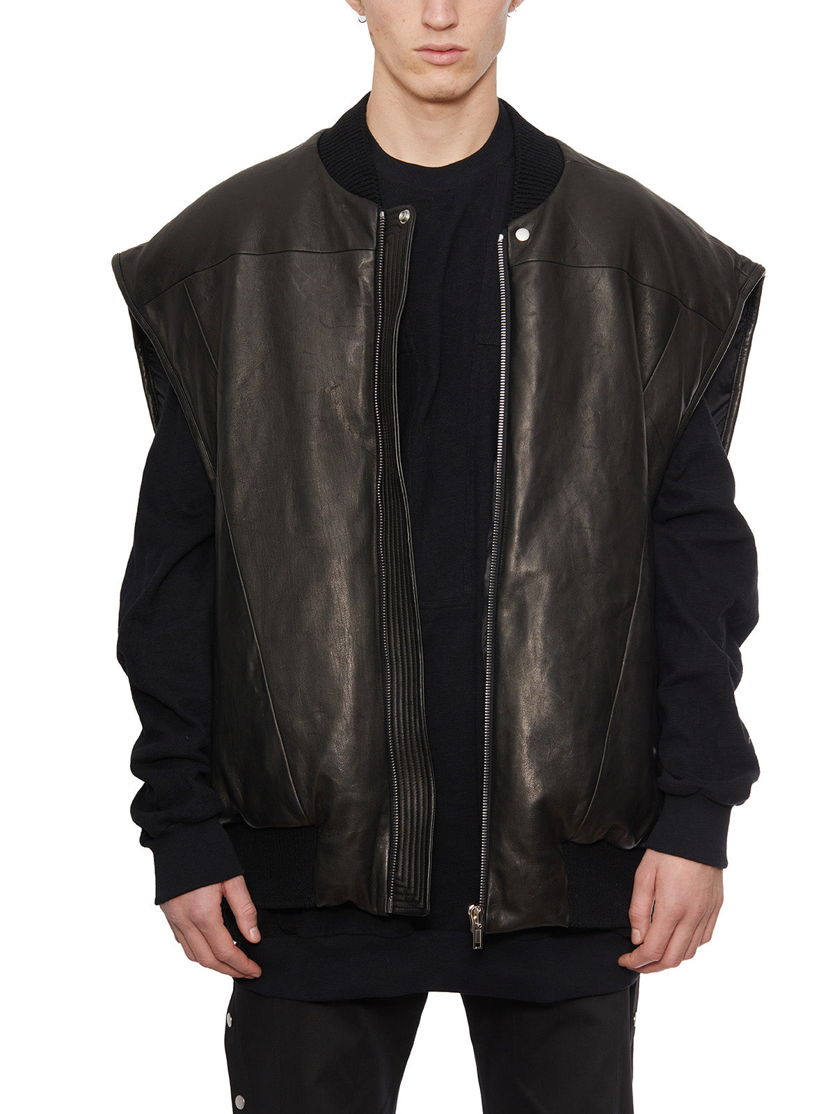 RICK OWENS Men's Black Leather Flight Jacket for FW23