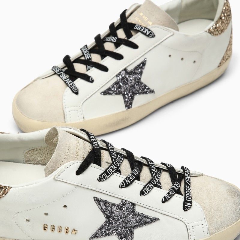 GOLDEN GOOSE White Super-Star Sneakers with Silver and Gold Details and Iconic Star