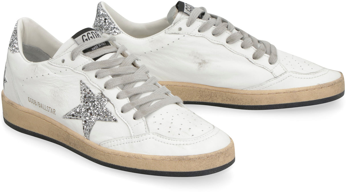 Vintage White Leather Sneakers with Glitter Star for Women