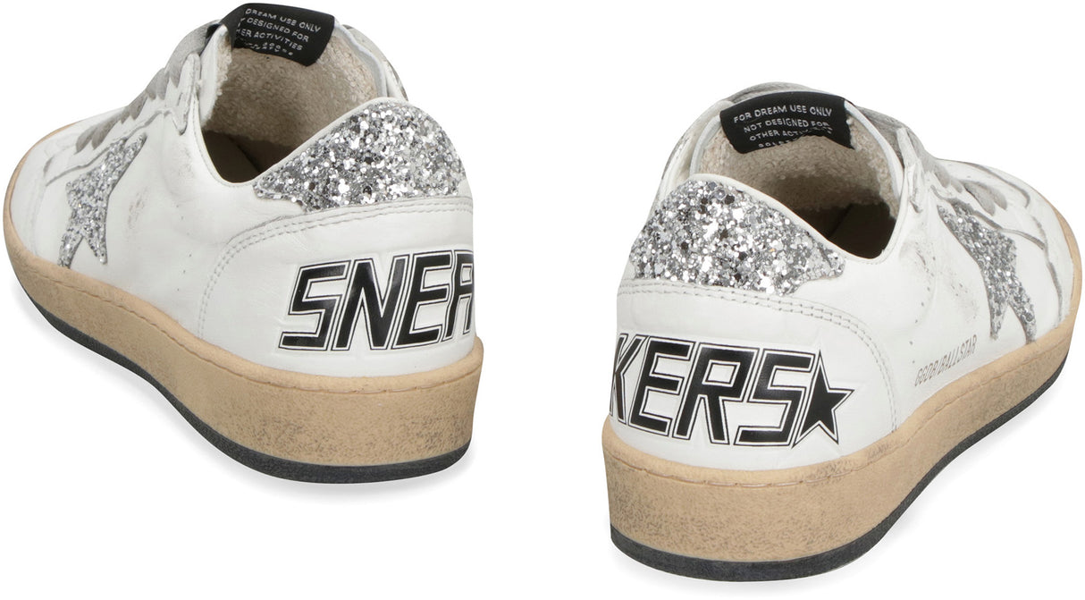 Vintage White Leather Sneakers with Glitter Star for Women