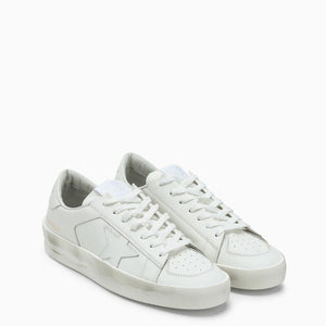 Men's White Leather Sneakers with Iconic Side Star and Gold Logo Print