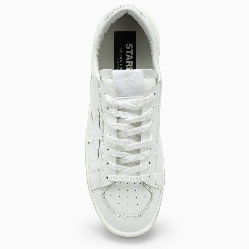 Men's White Leather Sneakers with Iconic Side Star and Gold Logo Print