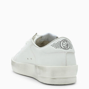 Men's White Leather Sneakers with Iconic Side Star and Gold Logo Print