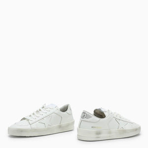 Men's White Leather Sneakers with Iconic Side Star and Gold Logo Print