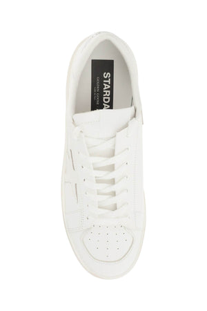 Men's White Leather Sneakers with Iconic Side Star and Gold Logo Print