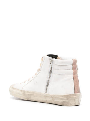 GOLDEN GOOSE White Distressed Sneakers with Metallic Trim and Embroidered Collar