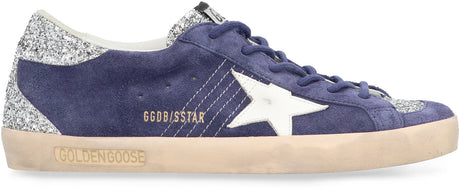 Blue Suede Low Top Trainers with Rhinestone Inserts and Iconic Star for Women