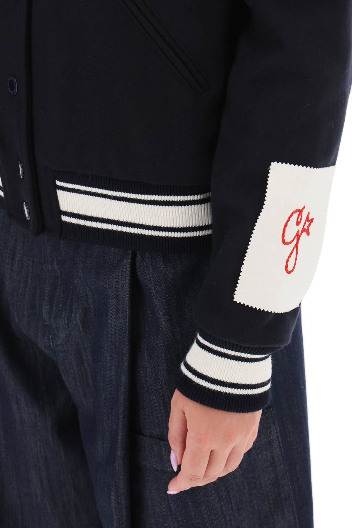 GOLDEN GOOSE Navy Wool Blend Bomber Jacket with Embroidered 'Golden' Lettering