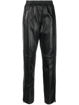 Black Leather Pants with Stretch Waistband and Zippers on Hem for Women