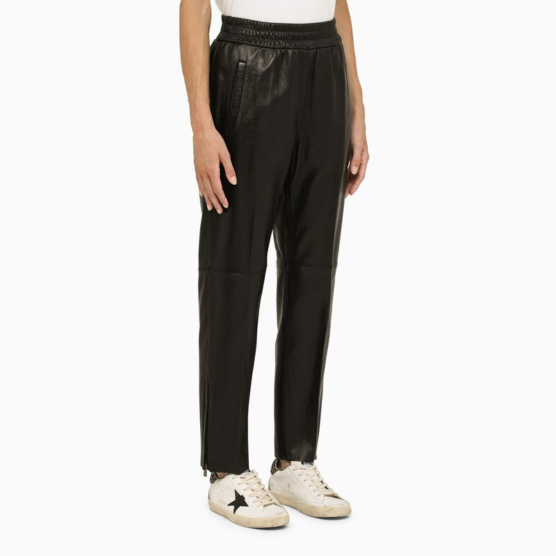 Black Leather Pants with Stretch Waistband and Zippers on Hem for Women