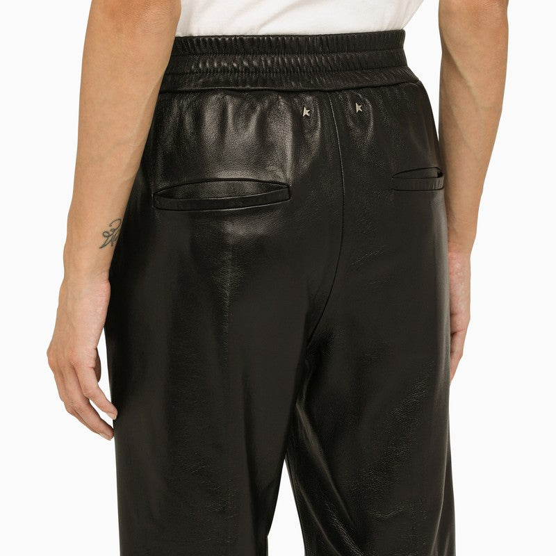 Black Leather Pants with Stretch Waistband and Zippers on Hem for Women