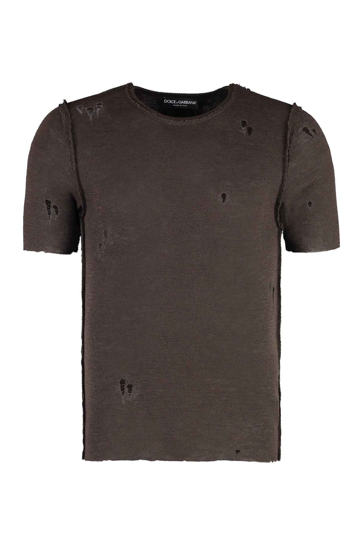 Worn-Out Details Knit T-Shirt - Brown