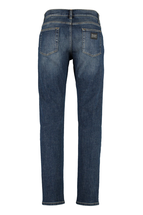 DOLCE & GABBANA Men's Slim Fit Denim Jeans with Contrast Stitching and Customized Logo Rivets