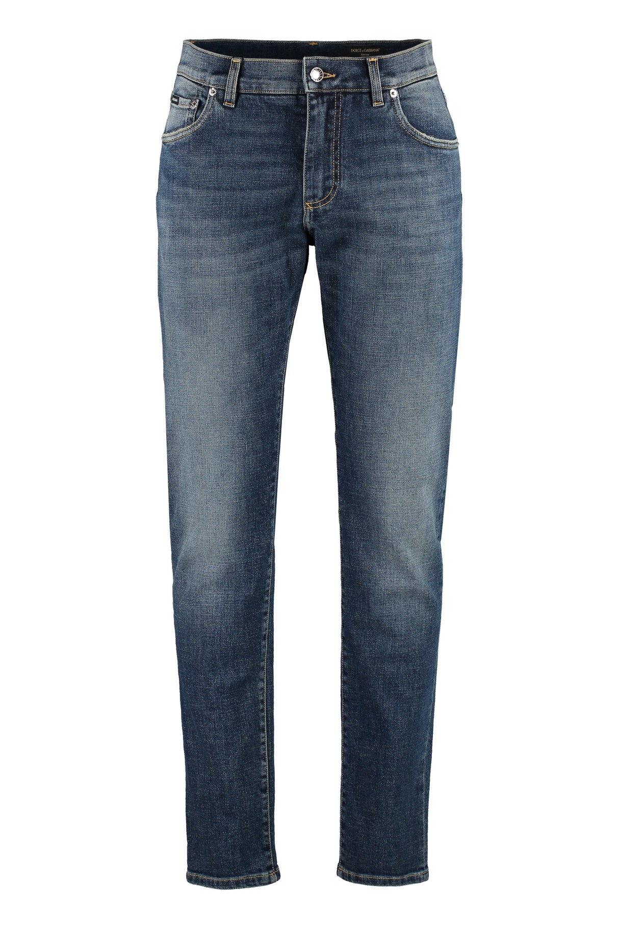 DOLCE & GABBANA Men's Slim Fit Denim Jeans with Contrast Stitching and Customized Logo Rivets