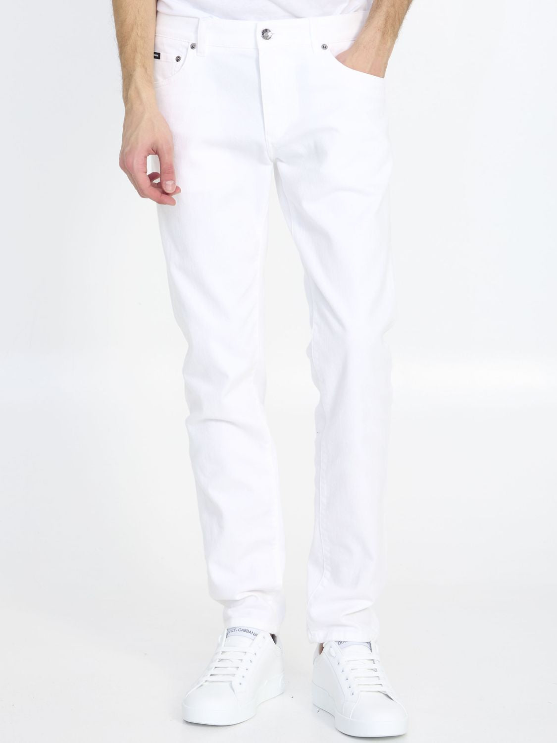 White Stretch Denim Slim Fit Jeans with Zip and Button Closure