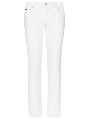 White Stretch Denim Slim Fit Jeans with Zip and Button Closure