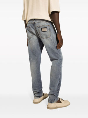 Light Blue Distressed Straight-Leg Cotton Jeans for Men