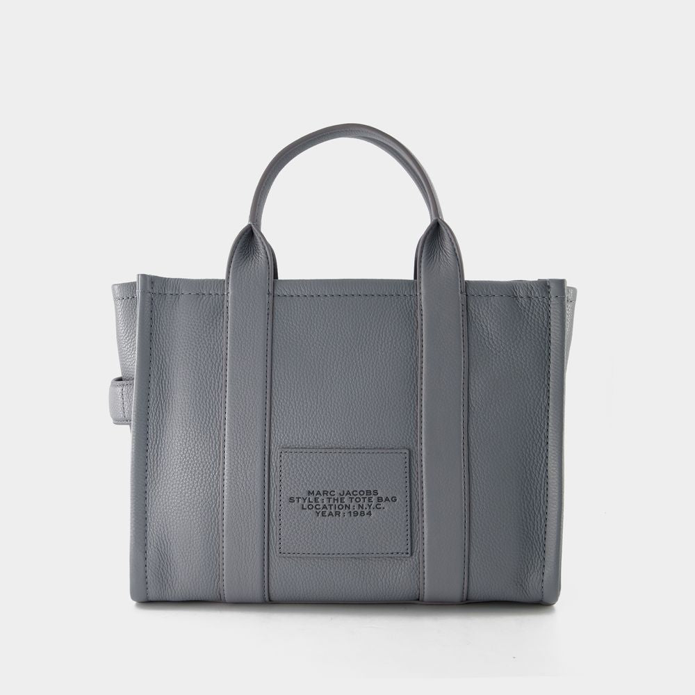 MARC JACOBS Medium Gray Leather Tote with Detachable Strap and Silver Hardware